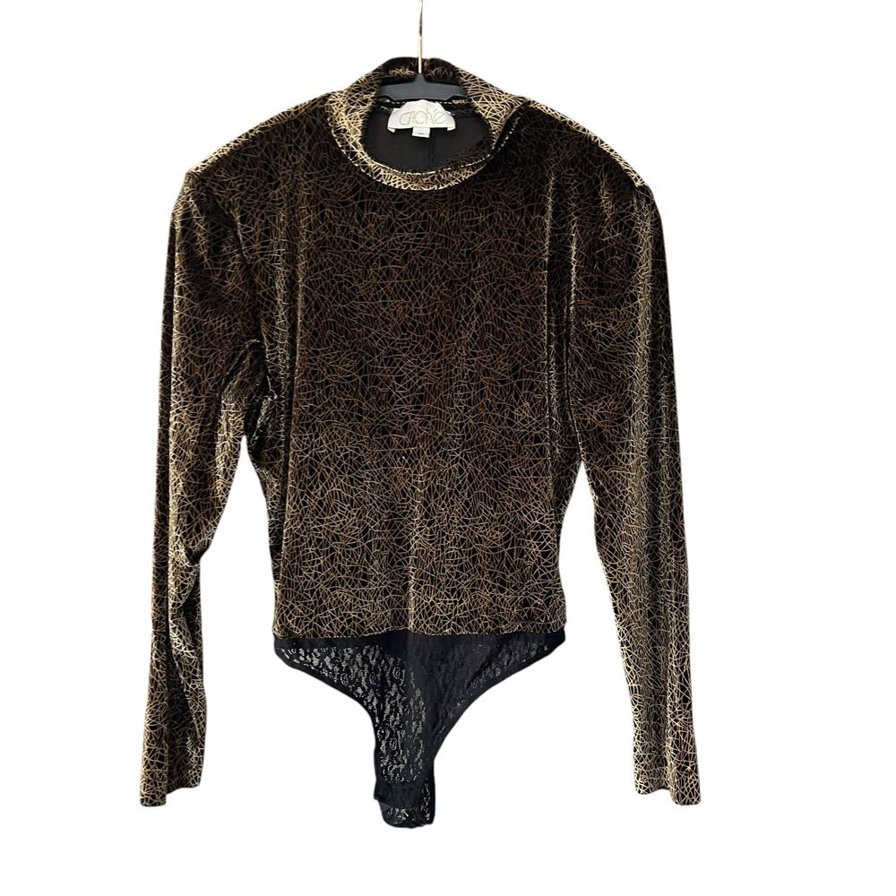 Cache Vintage Gold Label Gold Black Bodysuit Lace Thong Size Medium